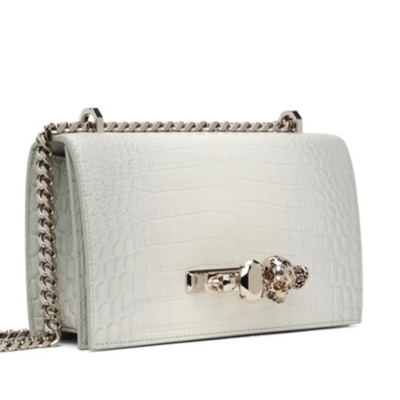 Alexander Mcqueen Ivory Grey Croc Embossed Shoulder Bag New With Tags - Picture 6 of 16